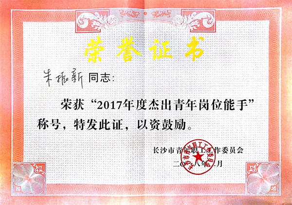 不朽情缘-官方网站智能朱振新荣获长沙市2017年度卓越青年岗位能手